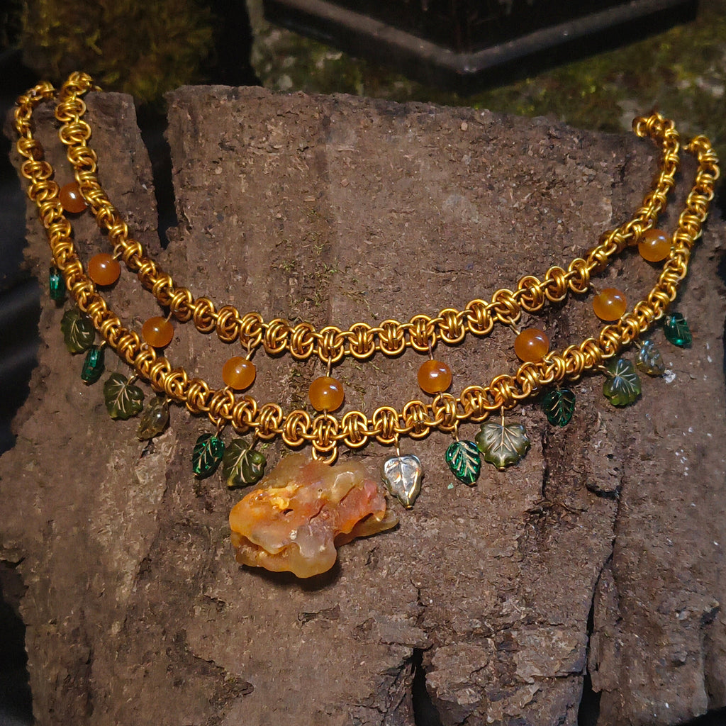 "Brísingamen" Chainmail, Orange Aventurine,  and Amber